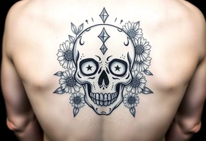 Masculine sugar skull with diamonds and daisies tattoo idea