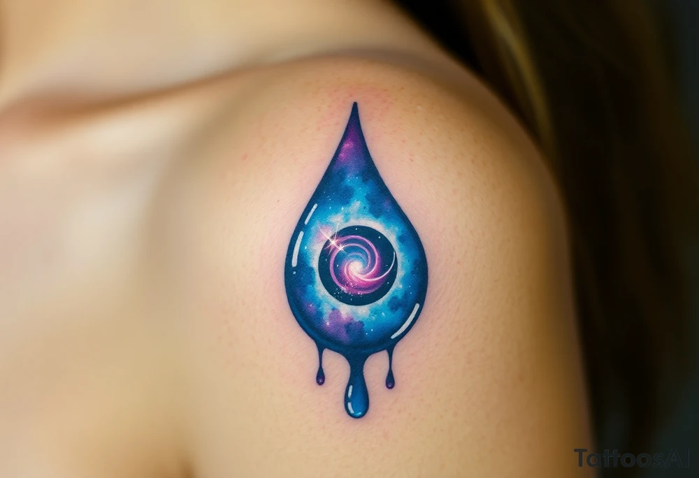 Teary eye with a dripping teardrop with a galaxy swirling inside, in a gradient from violet to indigo tattoo idea
