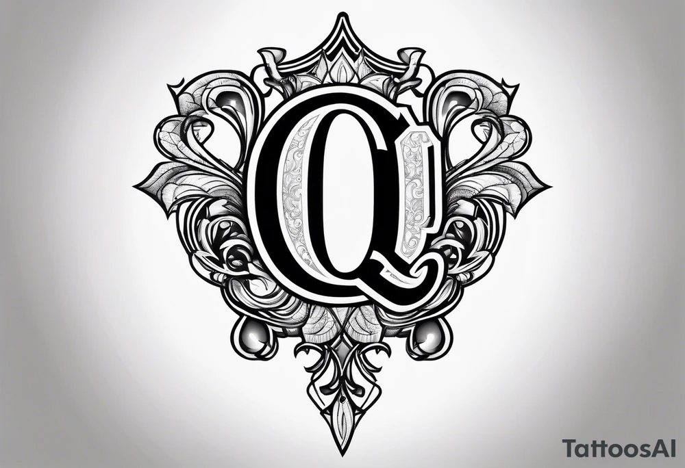 A spade symbol with the letter "Q" embedded in the center. tattoo idea