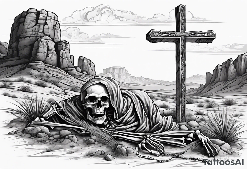 skeleton crawling towards a cross in a desert tattoo idea