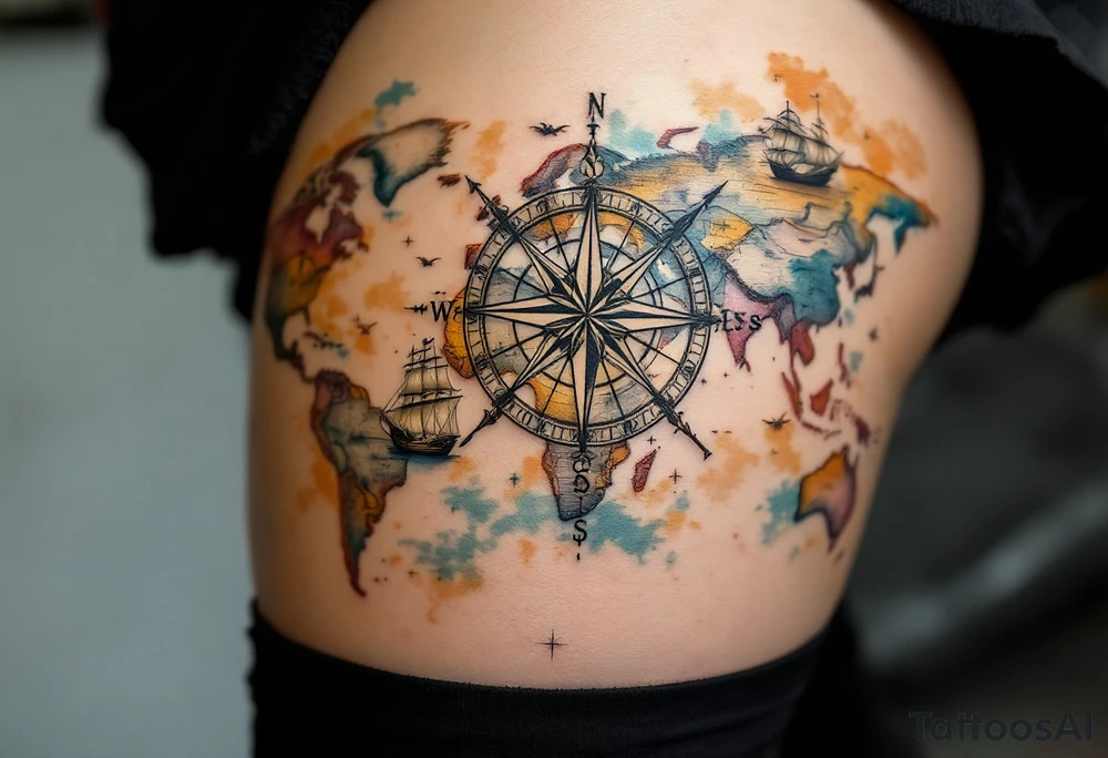 antique compass rose overlaid on weathered world map with sailing ships tattoo idea