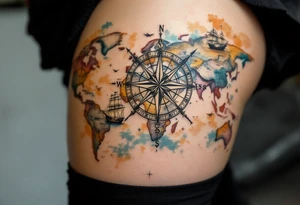 antique compass rose overlaid on weathered world map with sailing ships tattoo idea