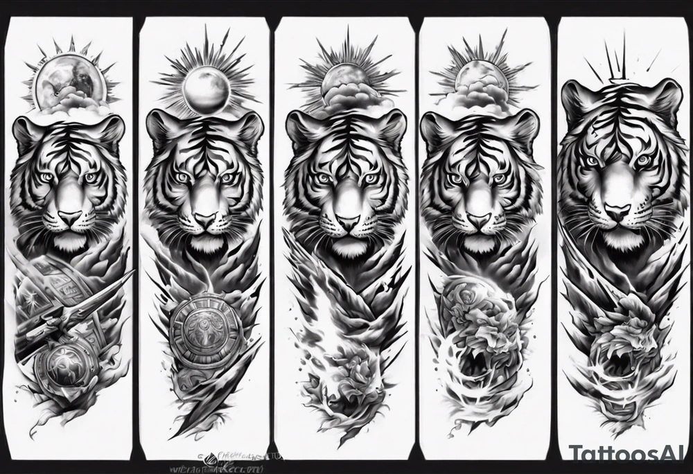 Tiger Warrior sleeve tattoo with lightning and the sun
Forearm sleeve tattoo idea Tiger Warrior sleeve tattoo with lightning and the sun
Forearm sleeve tattoo idea