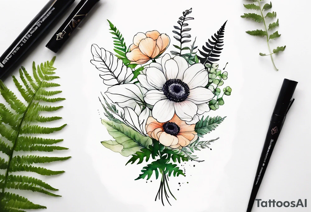 wild flower bouquet with ferns and white anemone all watercolor tattoo idea