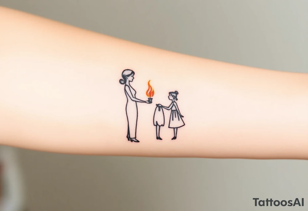 Silhouette of grandmother, mother and daughter passing a flame from oldest to youngest with the flame growing as it goes. tattoo idea