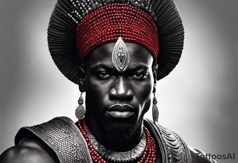 Black-skinned bald african warrior. He is a god of the war. Wears a simple red necklace and a silver crown tattoo idea