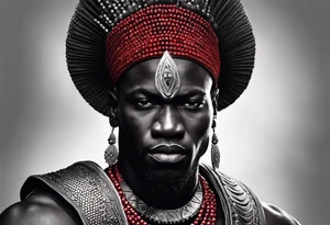Black-skinned bald african warrior. He is a god of the war. Wears a simple red necklace and a silver crown tattoo idea