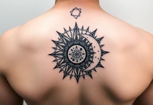 celestial sun and moon embrace with constellation patterns tattoo idea