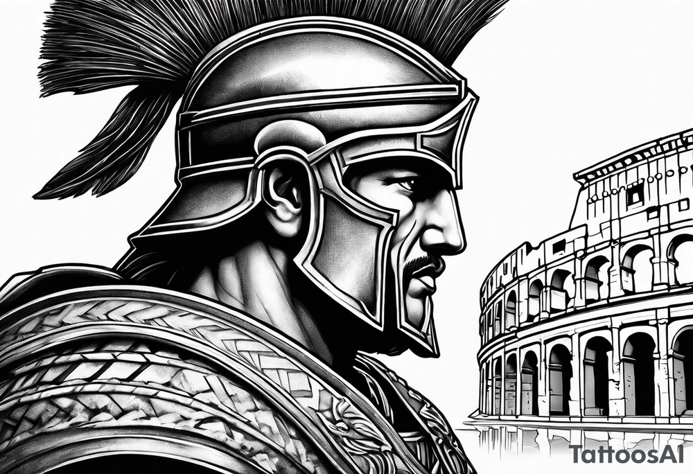 Side profile of spartan soilder with Roman buildings tattoo idea