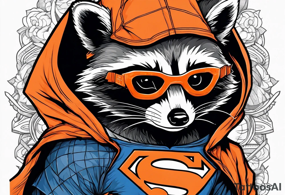 Raccoon wearing an orange Superman hoodie tattoo idea