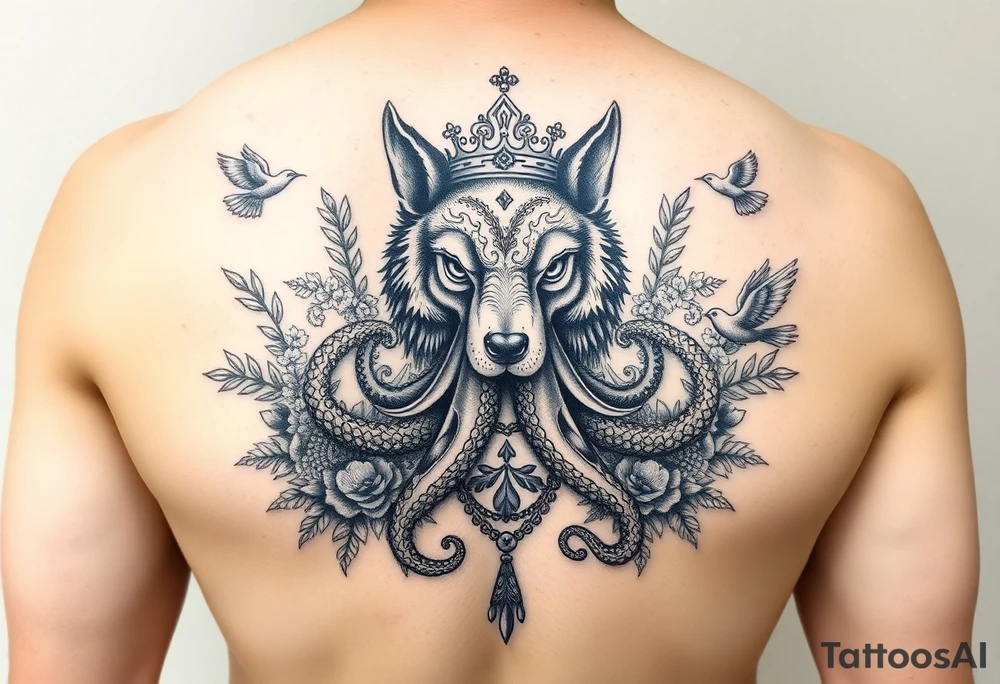 powerful majestic wolf octopus with a crown, surrounded by floral ornaments and birds tattoo idea