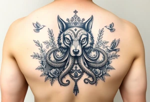 powerful majestic wolf octopus with a crown, surrounded by floral ornaments and birds tattoo idea