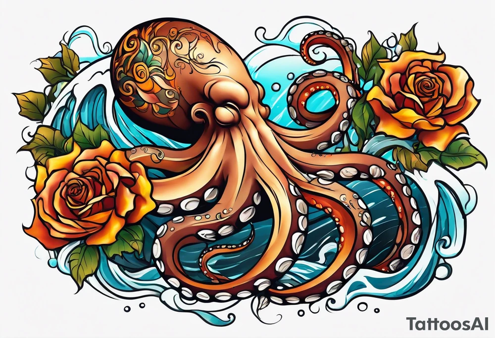 masculine abstract left thigh tattoo with a large long flowing octopus in water swirls wrapping around rocks, with a rose, in fall colors with some small leaves and fall elements tattoo idea