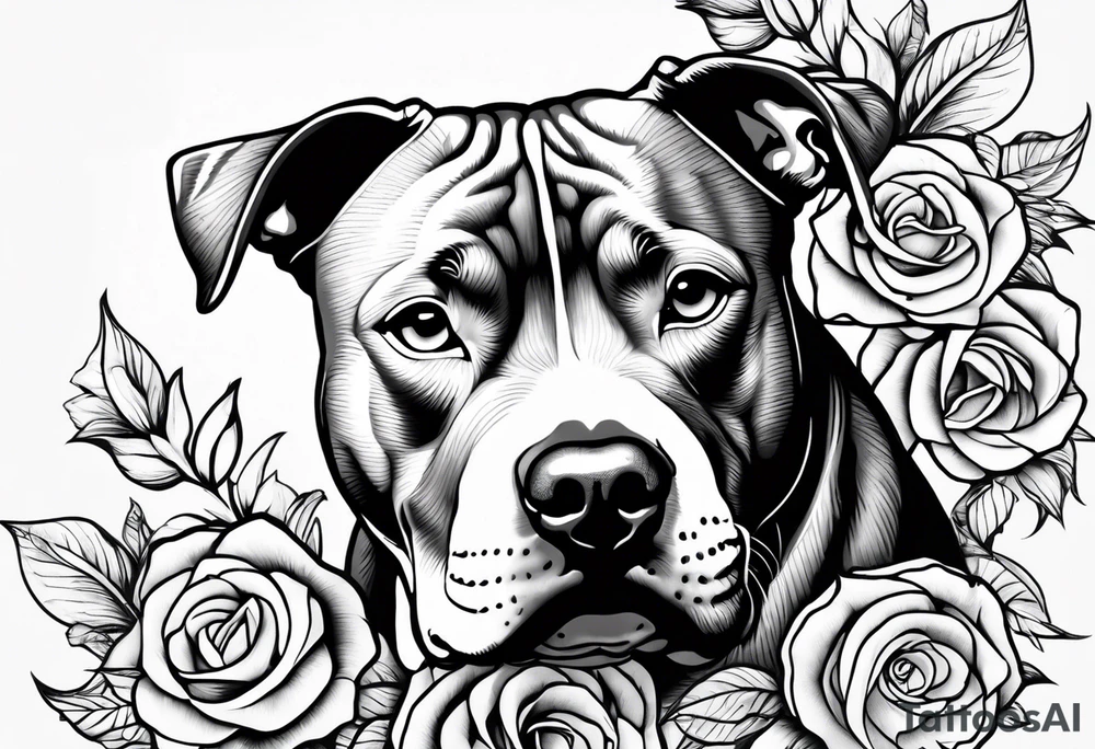 pit bull looking up at you with flowers on skin tattoo idea