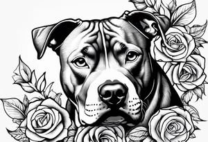 pit bull looking up at you with flowers on skin tattoo idea