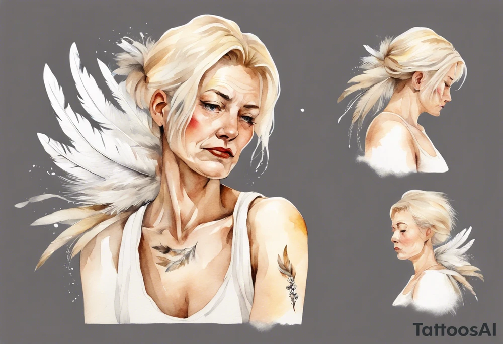 a sad middle-aged blonde woman with white feathers in her hair tattoo idea