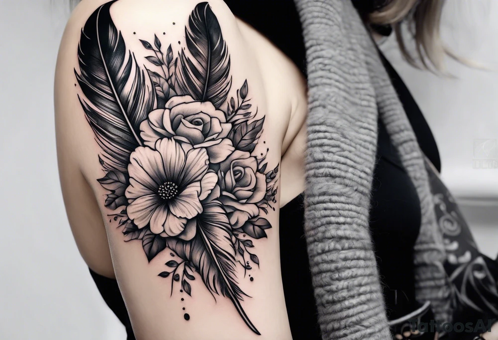 Feather with flowers tattoo idea