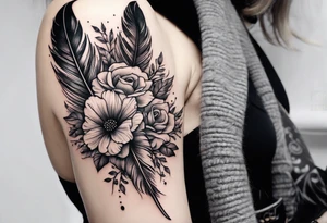 Feather with flowers tattoo idea