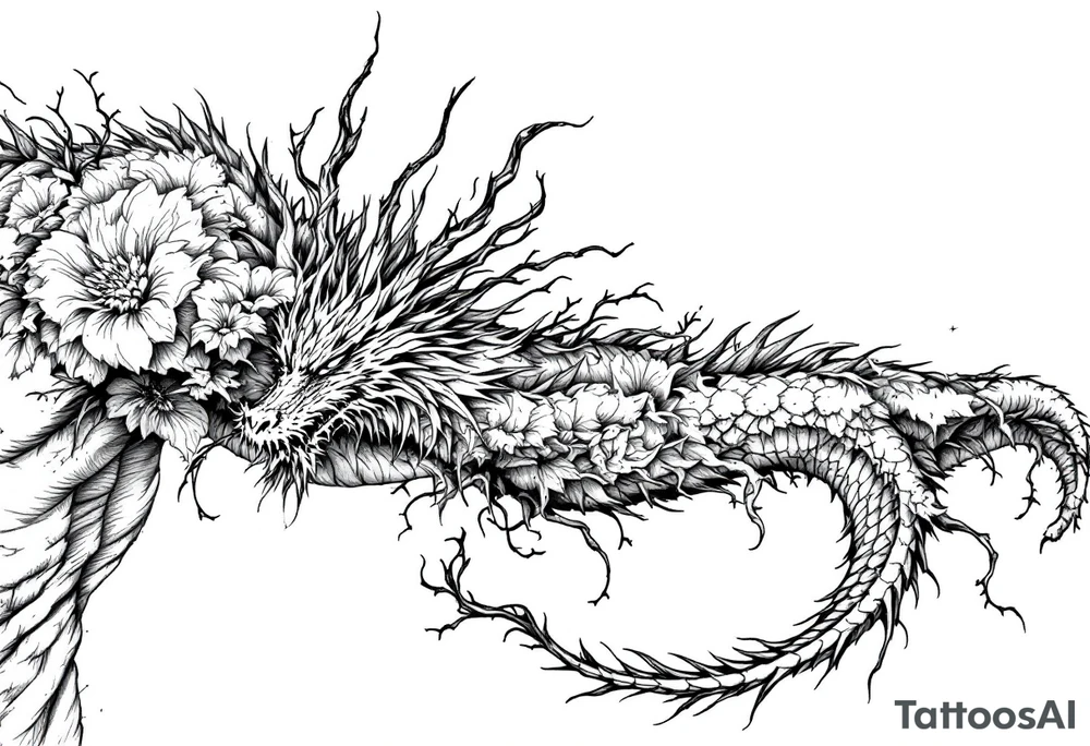 dragon with dead flowers surrounding tattoo idea