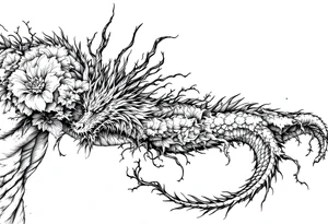 dragon with dead flowers surrounding tattoo idea