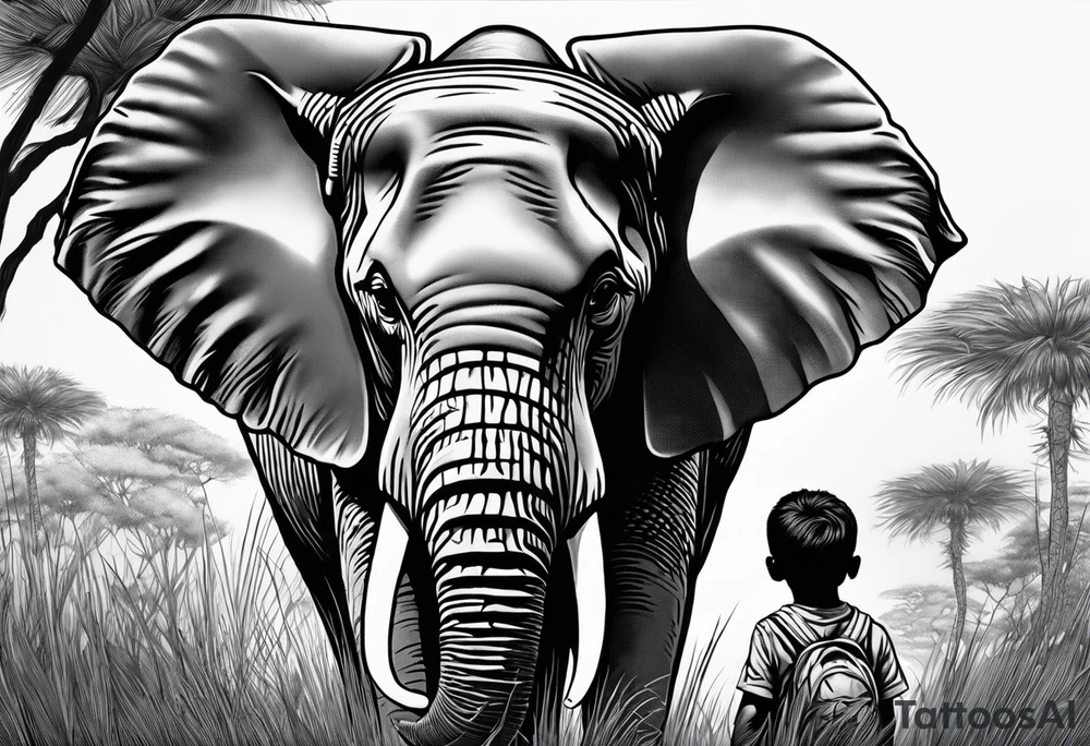 A very detailed elephant facing forward with a boy holding onto the trunk facing forward. In the background there will be tall grass like in africa tattoo idea