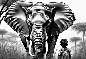 A very detailed elephant facing forward with a boy holding onto the trunk facing forward. In the background there will be tall grass like in africa tattoo idea