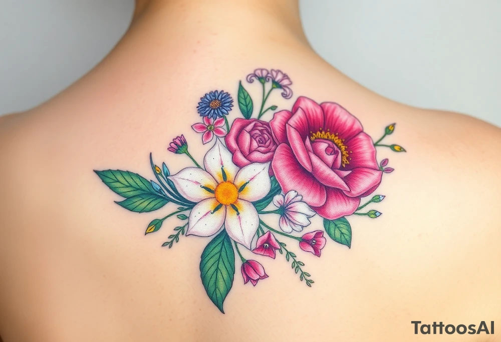 Carnation, Aster,Rose, Lily of the valley, Larkspur, watercolor flowers, middle of back clump together tattoo idea
