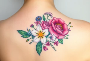 Carnation, Aster,Rose, Lily of the valley, Larkspur, watercolor flowers, middle of back clump together tattoo idea