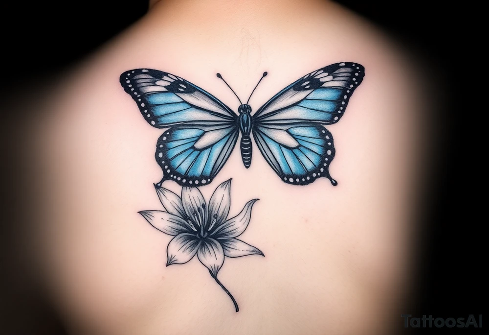 blue morph butterfly landing on a tiger lily tattoo idea