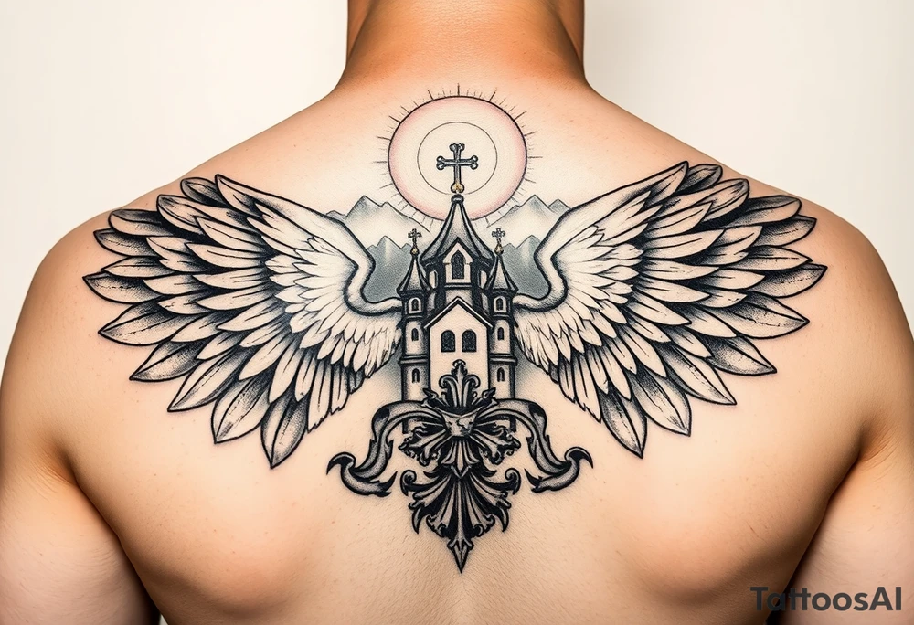 an actual russian coat of arms with both heads visible & wings spanning out on my back neck across on to my shoulders / traps with a orthodox christian church being visible in a mountainous sun beaming setting, with the russian orthodox cross spire of the orthodox church being visible on my neck with a sun beaming in the background that the cross sits inside tattoo idea