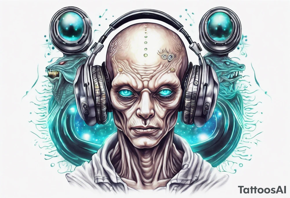 A realistic portrait of an extraterrestrial DJ with a glowing pineal gland tattoo idea