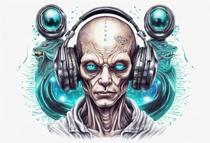 A realistic portrait of an extraterrestrial DJ with a glowing pineal gland tattoo idea