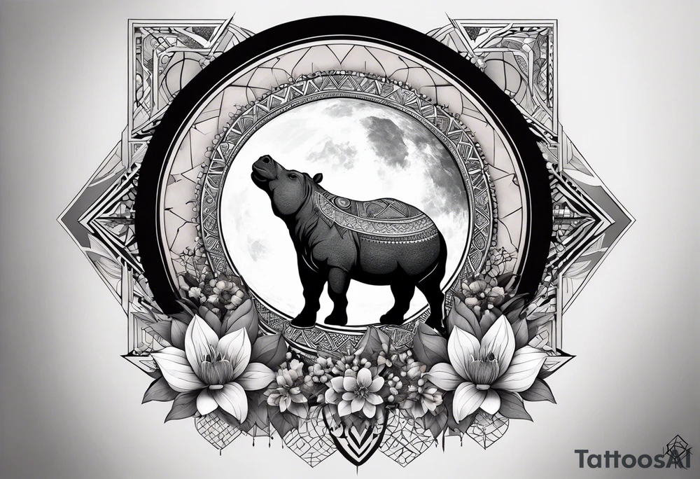 Very asymmetrical, +geometric pattern, with realistic full moon, with hippo at side look, +tribal, +geometric, +inkart , +blackwork, +grey scale, + sketch
with wintersweet flower bud, +inkart touch, +for men tattoo idea