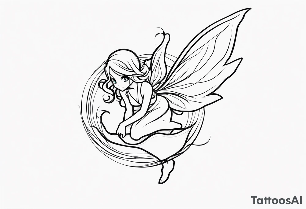 A fairy with a tail inspired by the logo of the anime show called Fairy Tail in a fetal position leaning in and forward while in the air floating tattoo idea