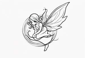A fairy with a tail inspired by the logo of the anime show called Fairy Tail in a fetal position leaning in and forward while in the air floating tattoo idea