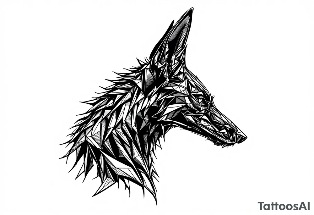 a creature that looks strongly like a combination of Anubis, and a black hound, with the tall pointy ears of a jackal, looking back, serious and daring tattoo idea