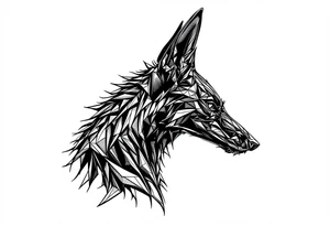 a creature that looks strongly like a combination of Anubis, and a black hound, with the tall pointy ears of a jackal, looking back, serious and daring tattoo idea