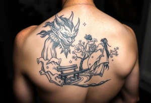 Fierce Japanese demon and geisha with cherry blossom tree river and stone bench tattoo idea
