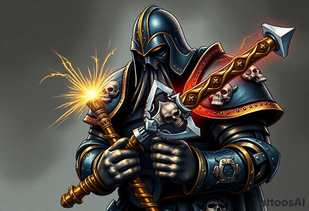 Warhammer, the Old World. A warrior priest of Sigmar holding "The Warhammer of Sigmar" or known as Ghal Maraz. The Warhammer of Sigmar is radiating thunderous energy. The warhammer is held by the warrior priest with both gripping hands at the shaft, upon his chest level. The Warrior priest is wearing dark alloyed heavy armour (reference armor from warhammer vermintide 2 Victor Saltzpyres, the warrior priest of Sigmar class) with skull sigils on his shoulder pads. The warrior priest is wearing a helmet, while the helmets front visor has an humanoid metal face covering. The helmet and armour are gladened with hints of gold and crimson red. The Warhammer is silverish and golden with a long shaft with twisted carvings. tattoo idea