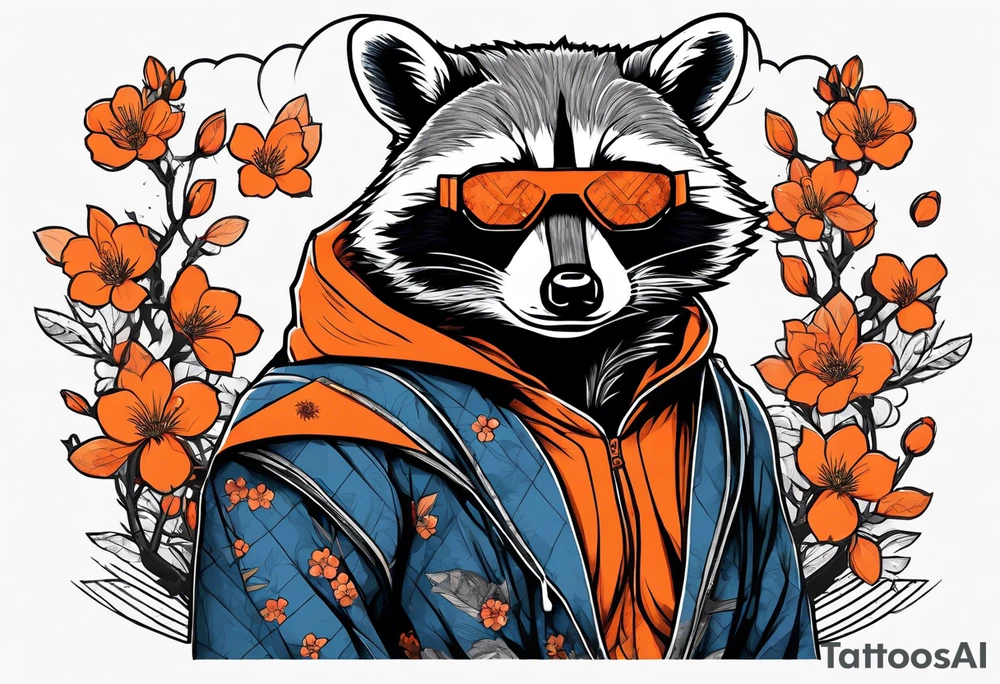 raccoon wearing a Superman hoodie with orange Japanese cherry blossoms tattoo idea