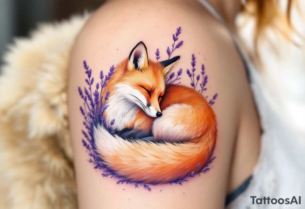 A fox curled up beneath a lavender bush, with warm orange tones contrasting the cool purple hues. tattoo idea