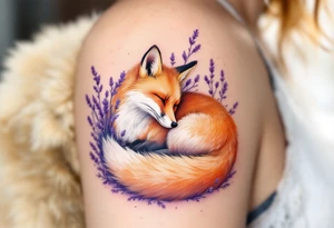 A fox curled up beneath a lavender bush, with warm orange tones contrasting the cool purple hues. tattoo idea