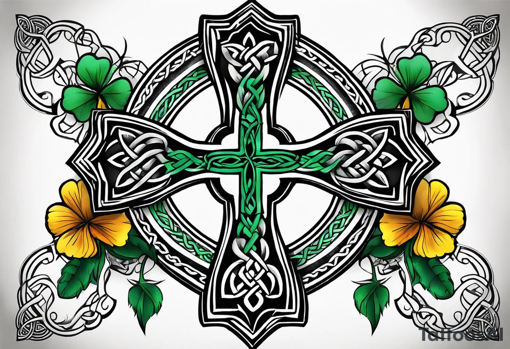 Celtic cross, shamrock in center, one Indian feather hanging from each side arm of cross tattoo idea