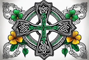 Celtic cross, shamrock in center, one Indian feather hanging from each side arm of cross tattoo idea