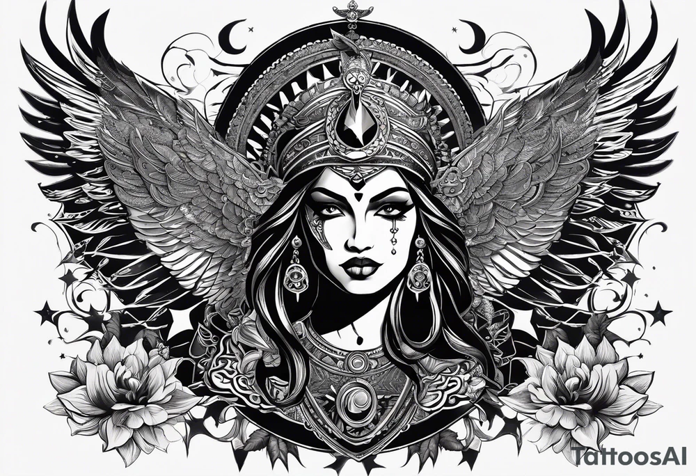 black kali, goddess pirate, alien, angel, pachamama, valkrye, warrior, flying, skull, lotus azul, wing, eagle, zenza resonance, stars, 5D, anahata chakra tattoo idea