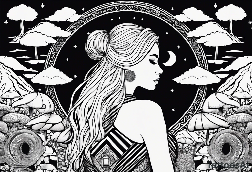 Straight blonde hair girl facing away toward mountains surrounded by mushrooms crescent moon mandala circular design black and white striped dress figure 8 tattoo idea