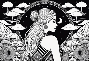 Straight blonde hair girl facing away toward mountains surrounded by mushrooms crescent moon mandala circular design black and white striped dress figure 8 tattoo idea