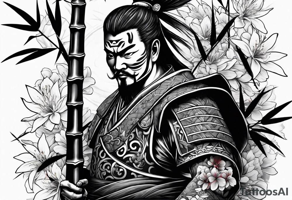 bamboo with japanese warrior and a cherry blossum tree in the background tattoo idea