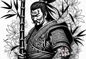 bamboo with japanese warrior and a cherry blossum tree in the background tattoo idea