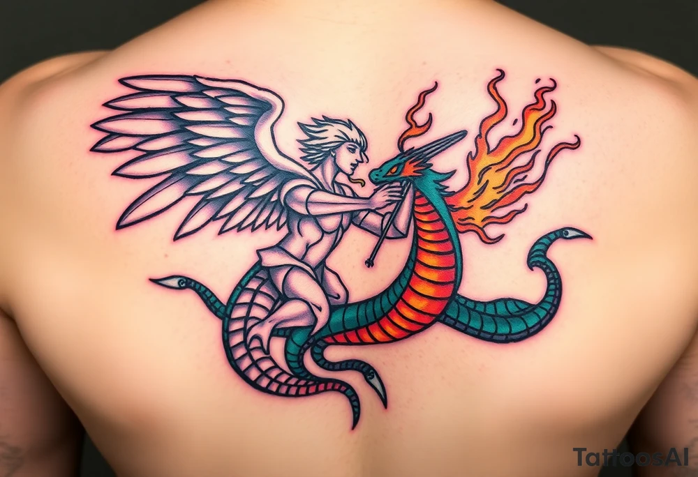 Please create a stained glass style tattoo design featuring an angel and a sea serpent battling each other. The angel should be depicted with dynamic wings and armor, and the sea serpent should have fiery breath and a menacing appearance. Both should be designed in a classic stained glass style, with bold black outlines and vibrant, rich colors. The design should reflect the detailed, intricate patterns typical of stained glass art, giving it a bold and striking visual effect tattoo idea